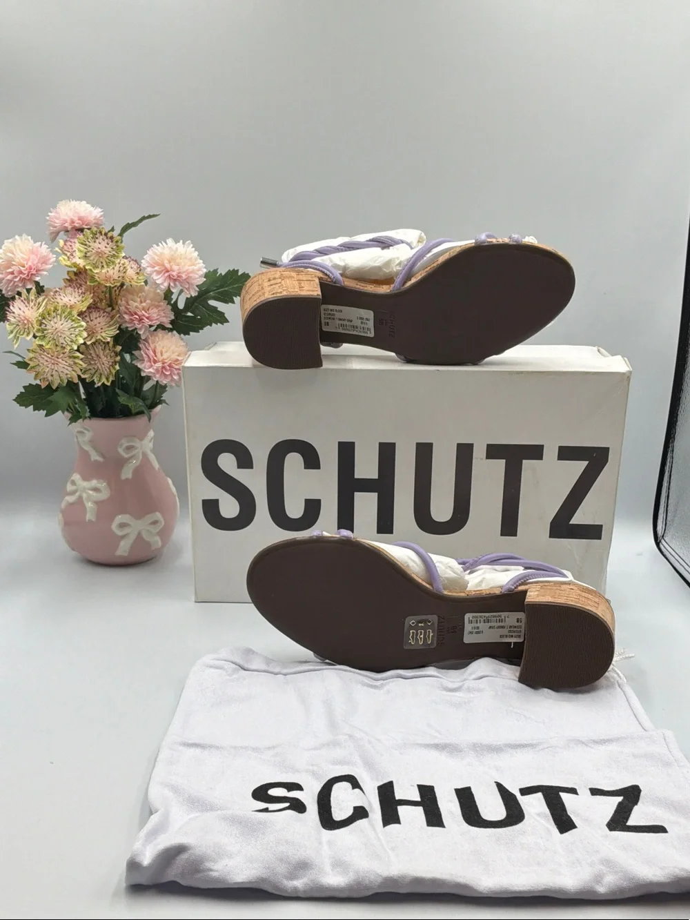 SCHUTZ Lavender Strappy Cork Block Heel Sandals